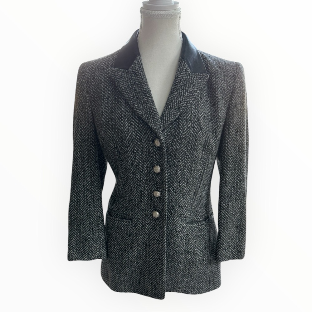 RENA LANGE Vintage Herringbone Wool Leather 3/4 Sleeve Blazer Sz 8 Preppy